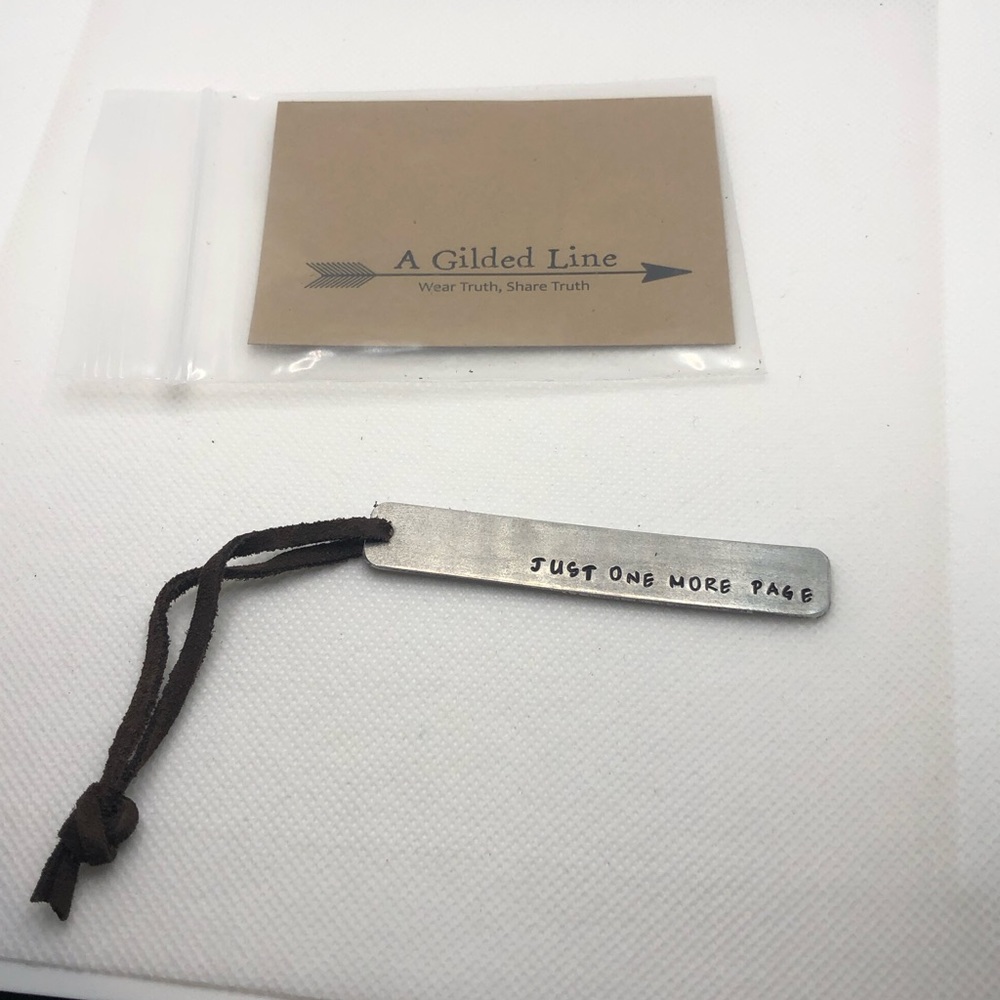 Just One More Page Stainless Steel/Leather Bookmark